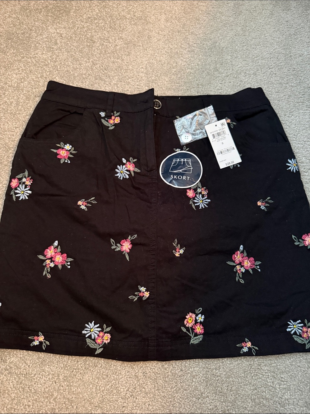 Karen Scott Black Mini Skort with Pink & White Floral Embroidery